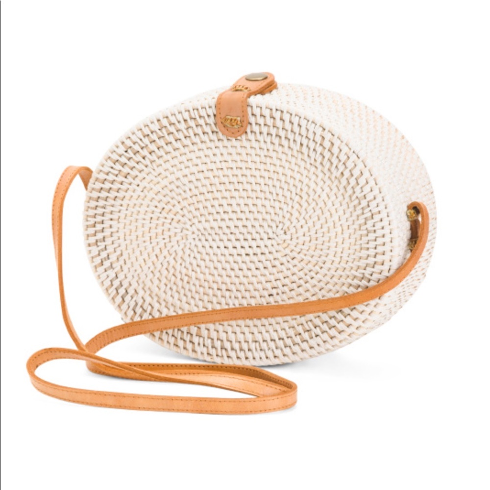Oval Rattan Bag with Leather Trim